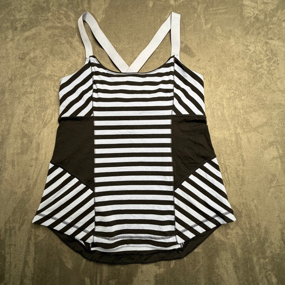 Lululemon Tank Top Women 6 Blue Black Striped Criss-Cross Back Yoga Athletic